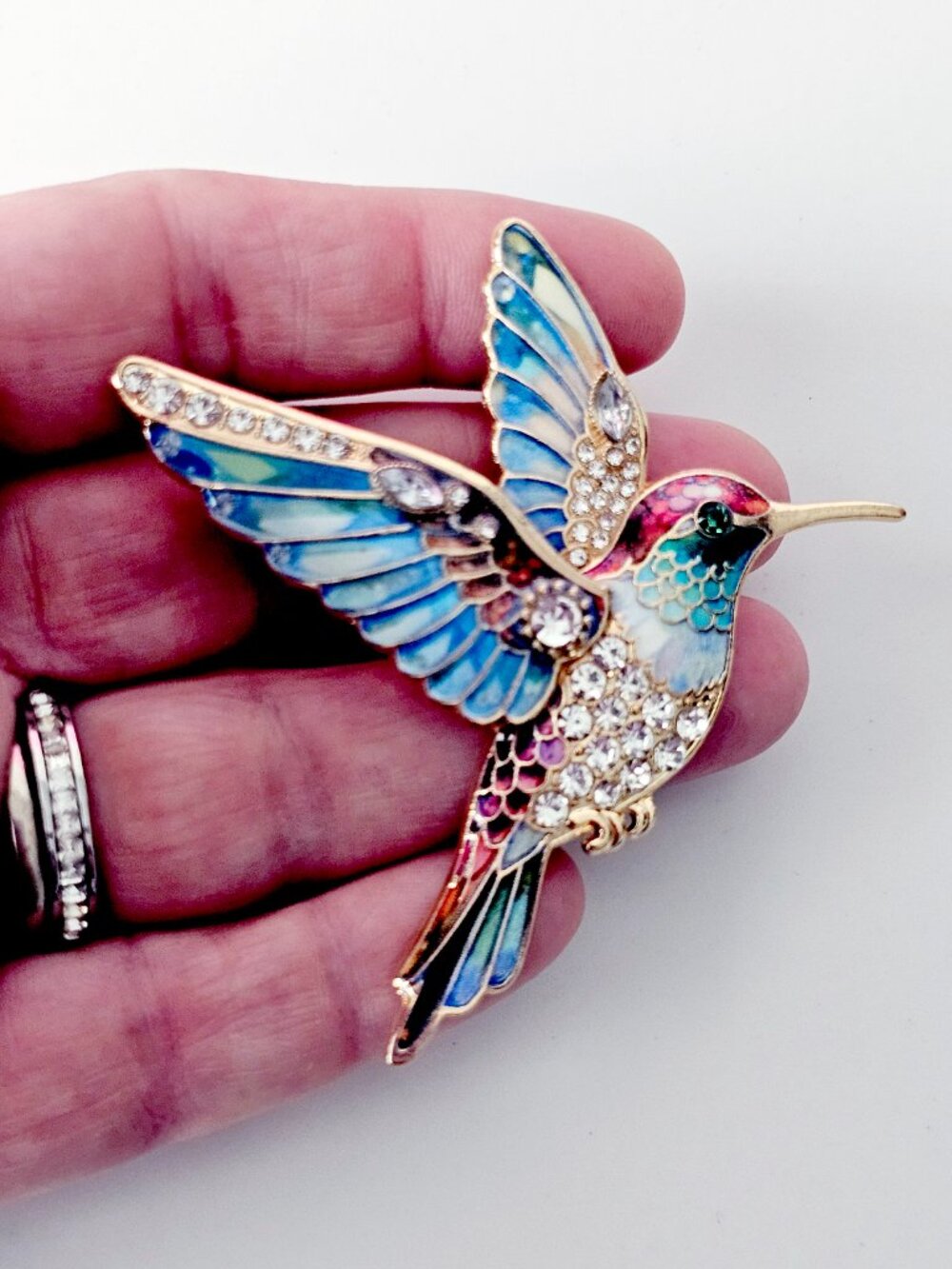 Blue Enamel & Rhinestone Hummingbird Brooch - Picture 6 of 8